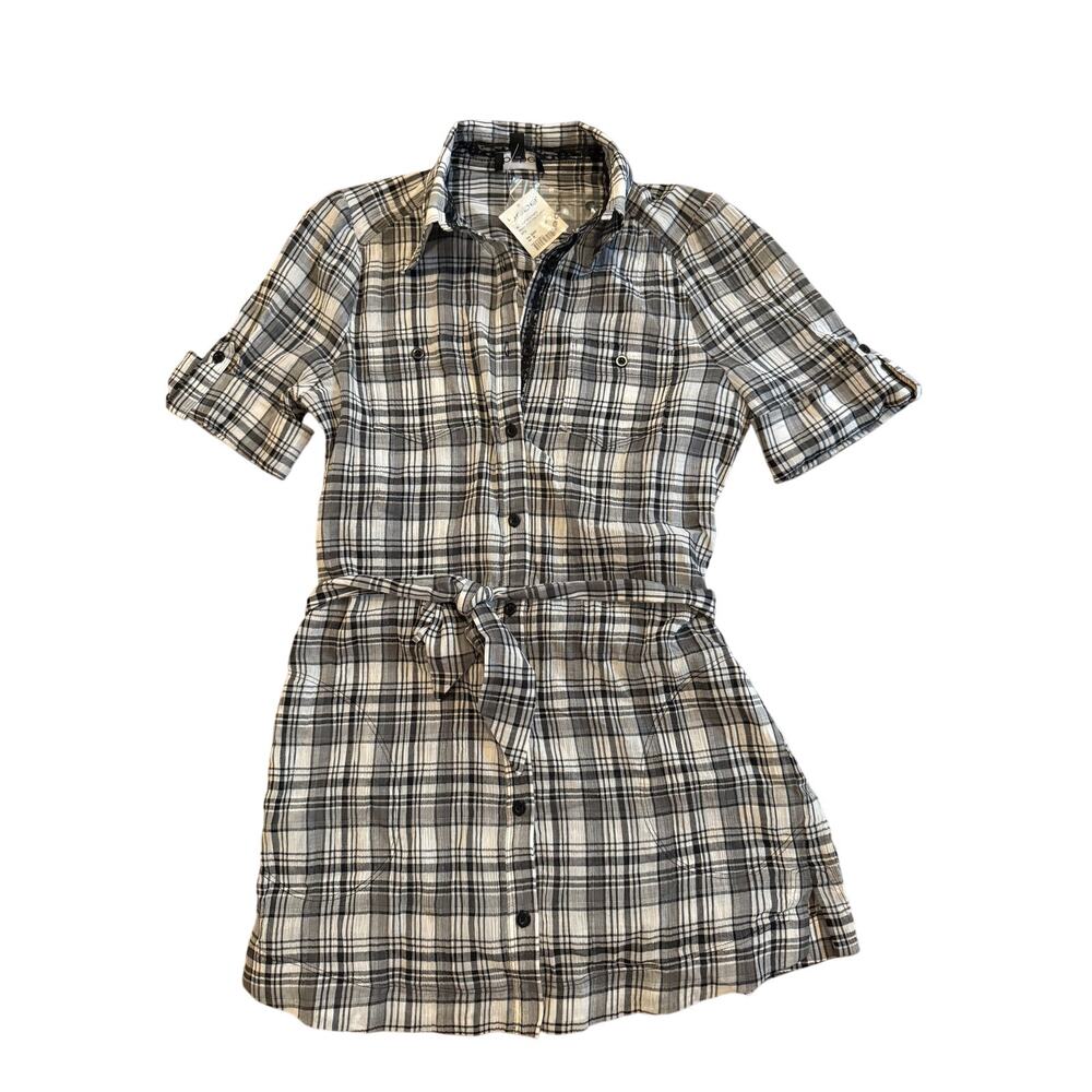 NWT Bebe Vintage Black and White Plaid Collared Shirt Dress w/Lace Detail M